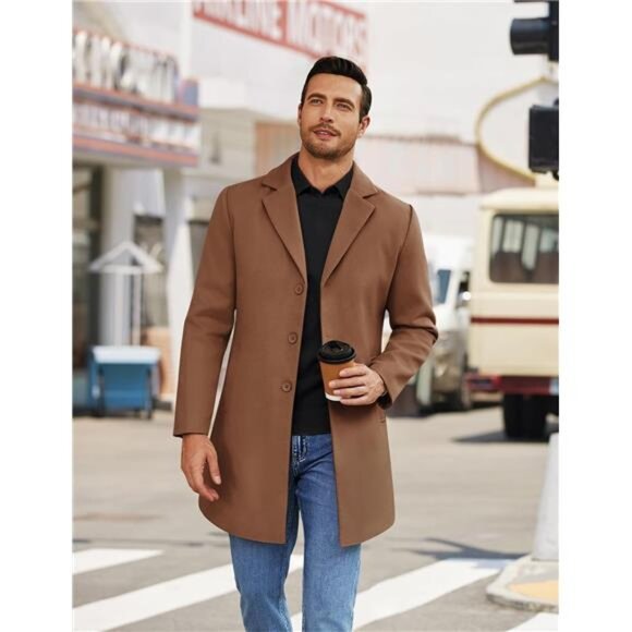 Mens Wool Blend Coat Winter Trench Coats Camel - Picture 4 of 6